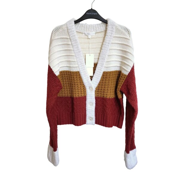 Adyson Parker Colorblock V-Neck Cardigan  Tomato Red Golden Brown Cream Sz M - Picture 1 of 15